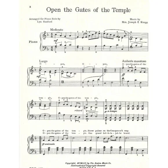 Open the Gates of the Temple 1952 Boston Music Sacred Piano Solo - Picture 3 of 3